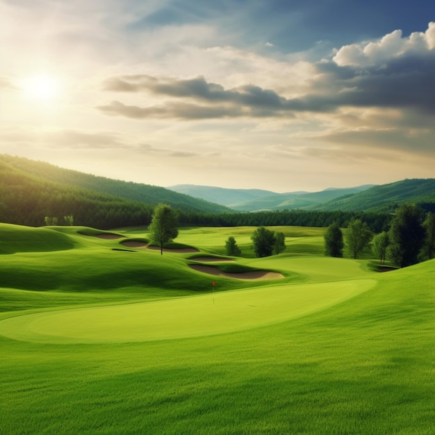 Un campo de golf con un cielo nublado y árboles al fondo.