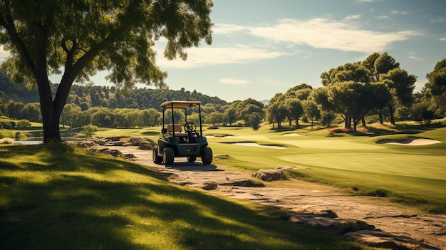 Campo de golf con coche de golf y pelota