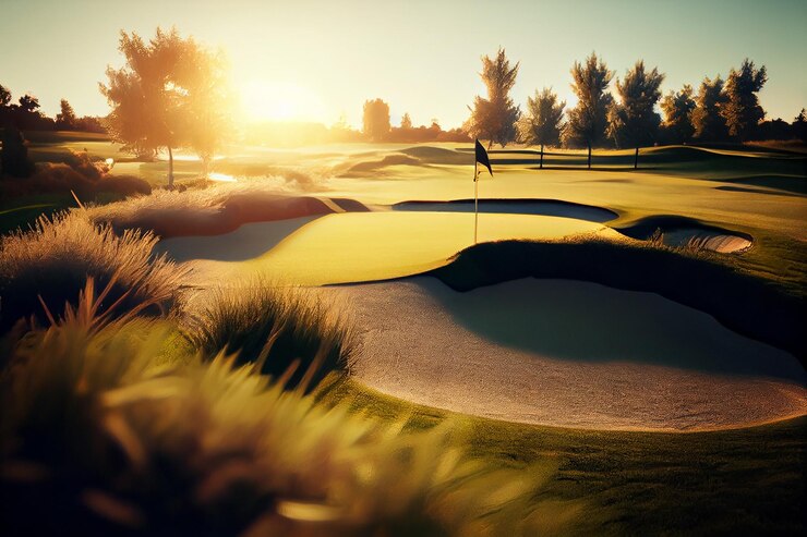 Campo de golf con hermosa puesta de sol en el fondo generativo ai