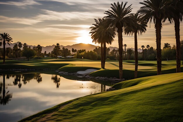 campo de golf en la hermosa puesta de sol con palmeras y dunas de arena