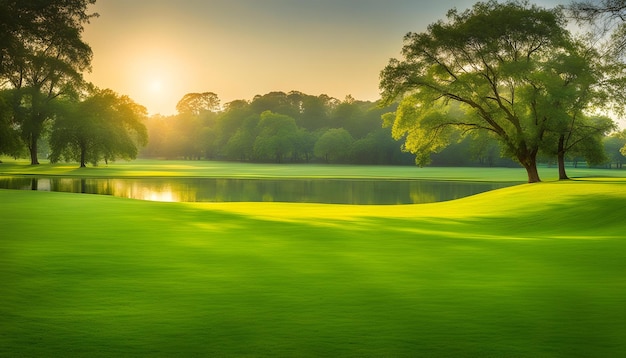 un campo de golf con un lago y árboles en el fondo