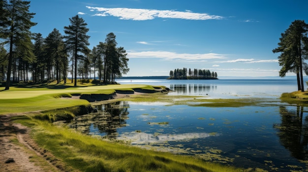 Campo de golf con lago y árboles