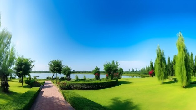 Foto campo de golf con lago y cielo azul