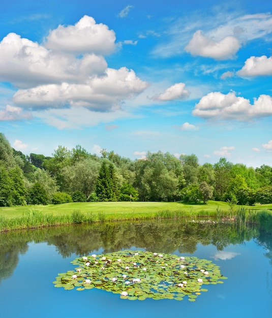 Campo de golf con lago y hermoso cielo azul