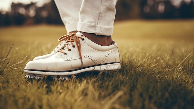 En el campo de golf Primer plano de las piernas y los zapatos de un golfista