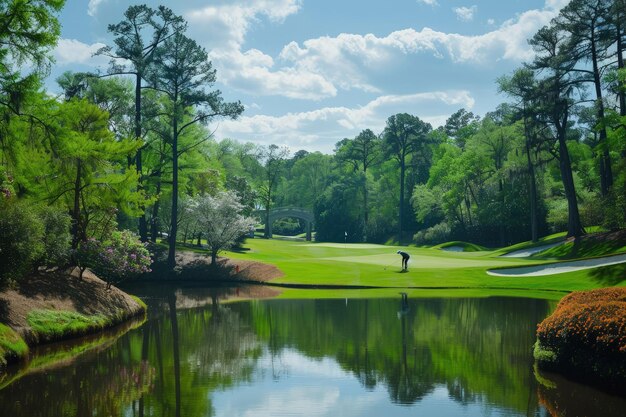 Un campo de golf rodeado de árboles y agua