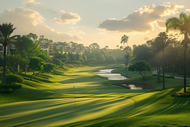 Un campo de golf rodeado de palmeras y agua