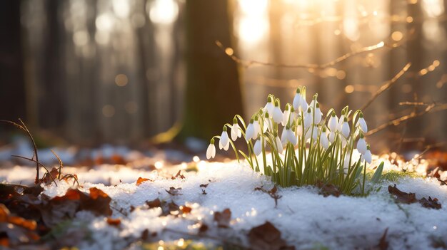 Campo de gotas de nieve en la nieve en el bosque imagen generada por IA