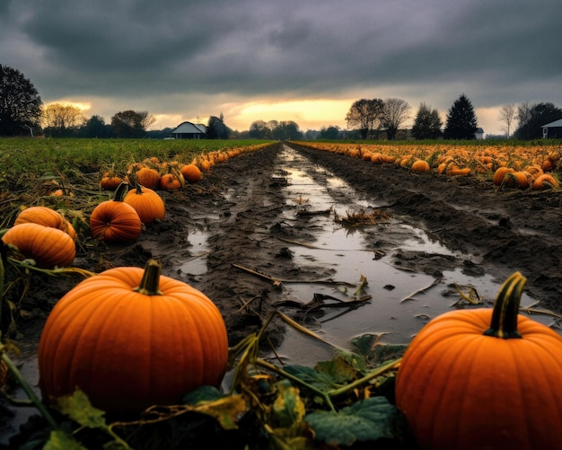 Campo de granja de calabazas orgánico no transgénico en un otoño de mal humor clima lluvioso frío