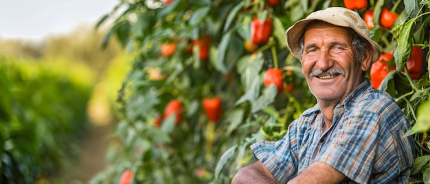 En el campo un granjero está de pie con pimientos rojos recién recogidos