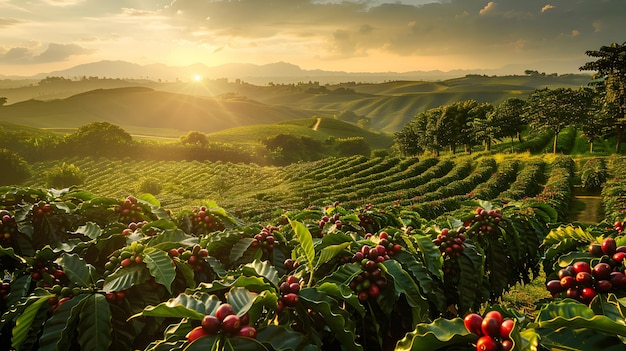 Campo de granos de café en el atardecer IA generativa