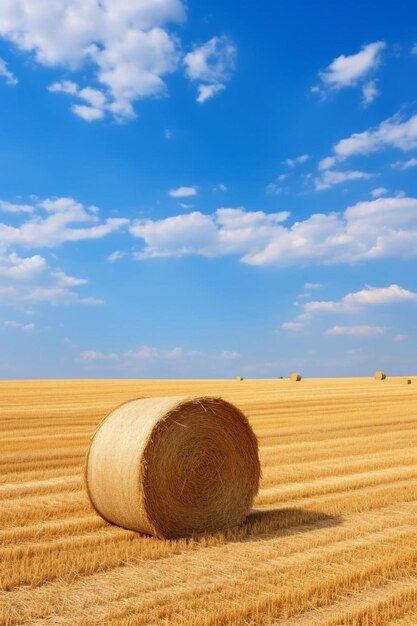 un campo de heno con un fardo de heno en primer plano