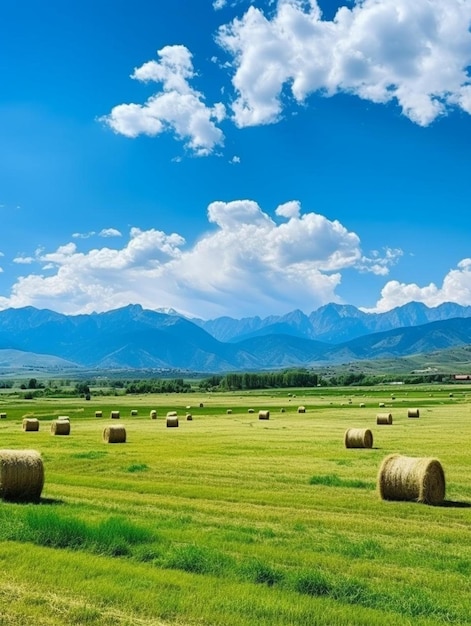 Foto un campo de heno con una montaña en el fondo