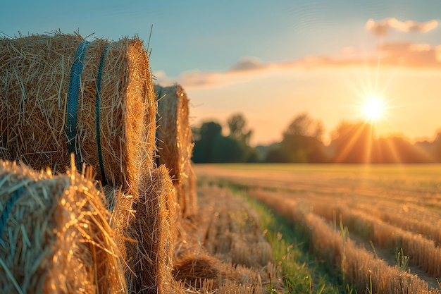 Foto un campo de heno con el sol poniéndose detrás de él y un campo de hierba con unas pocas balas de heno pesado