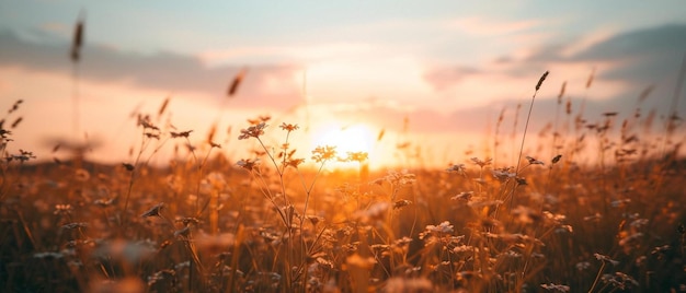 un campo de hierba alta con el sol poniéndose en el fondo