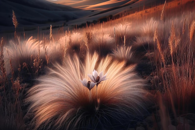 Foto campo de hierba alta con una sola flor en el medio