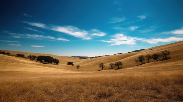 Un campo de hierba amarilla dorada con un cielo azul de fondo.