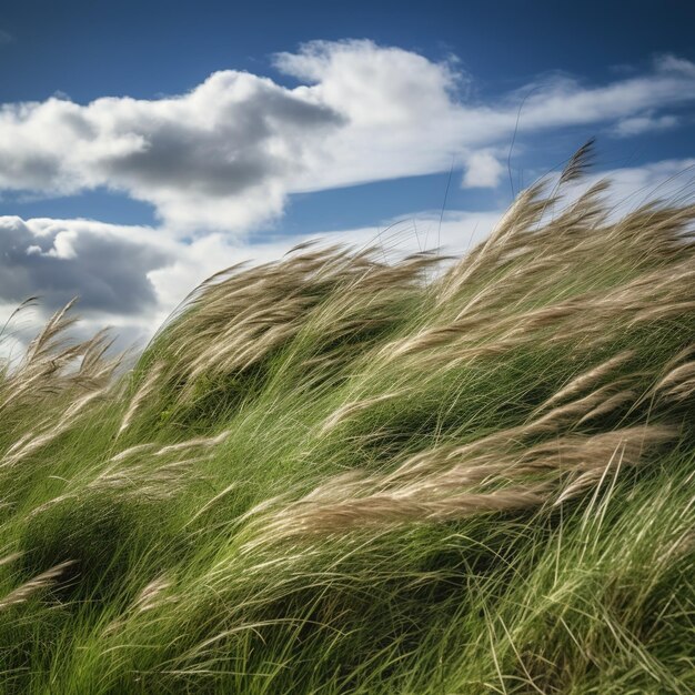 Un campo de hierba azotado por el viento bajo un cielo parcialmente nublado