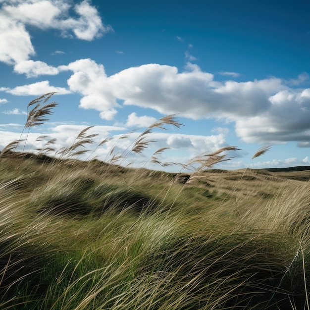 Campo de hierba azotado por el viento