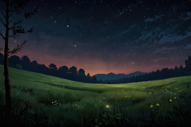 un campo de hierba con un campo con un cielo que tiene estrellas y la luna luciérnaga serenata una noche