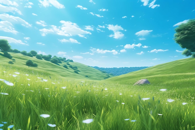 Un campo de hierba con un cielo azul y nubes blancas