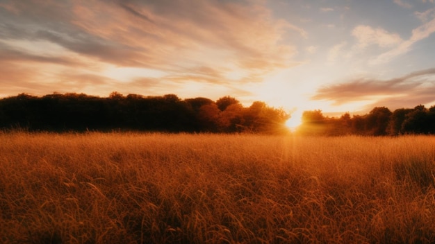 Un campo de hierba dorada con una puesta de sol al fondo.