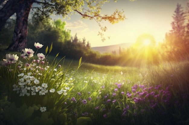 un campo de hierba con flores y árboles en el fondo