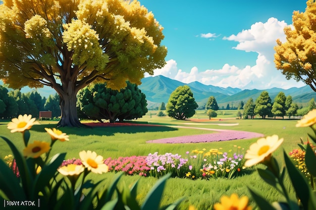 El campo de hierba con flores y montañas al fondo.