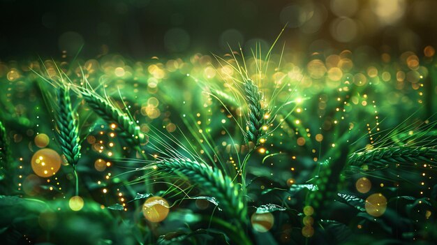 un campo de hierba con las luces encendidasEn el fondo de las espigas de trigo que se someten a técnicas científicas y tecnológicas