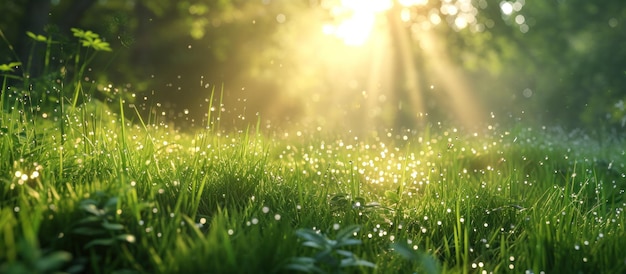 un campo de hierba a la luz del sol con pequeñas gotas de agua