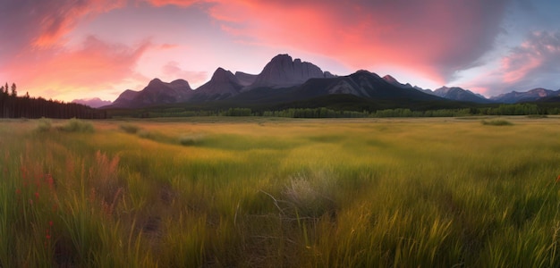 Un campo de hierba con montañas al fondo.