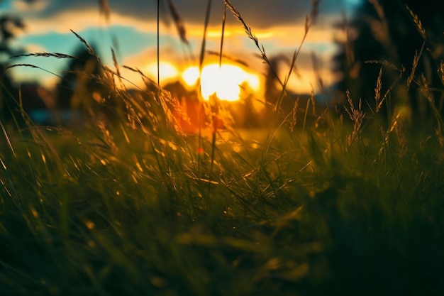 Un campo de hierba con la puesta de sol detrás de él