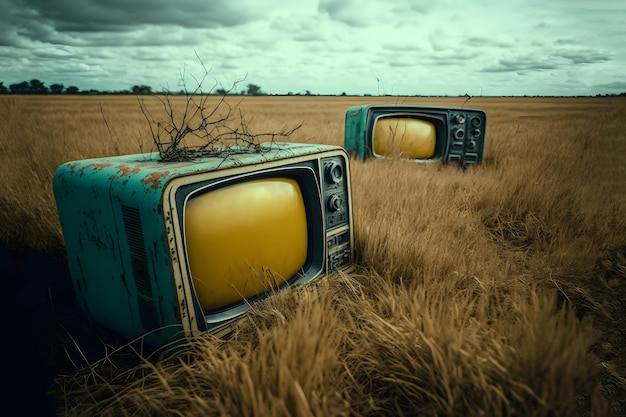 Foto campo de hierba seca cubierto con viejos televisores analógicos a la luz del día arte generado por la red neuronal