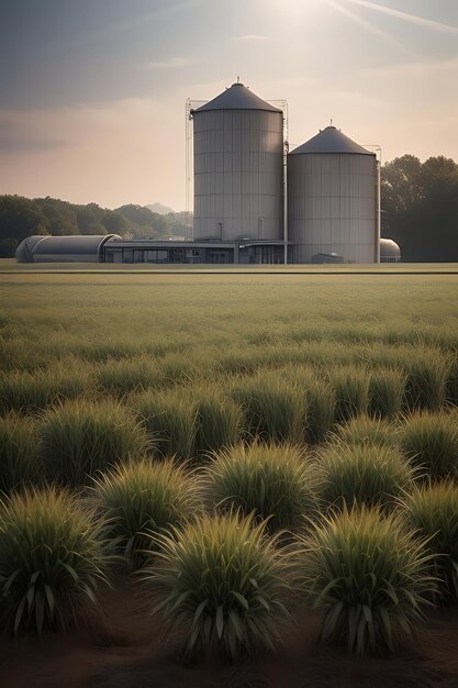 Foto un campo de hierba con un silo en el fondo