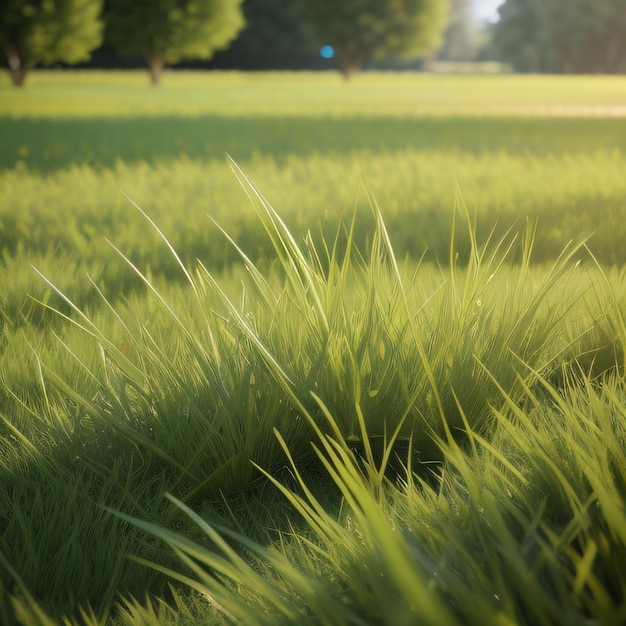 Un campo de hierba con un sol brillando sobre él.