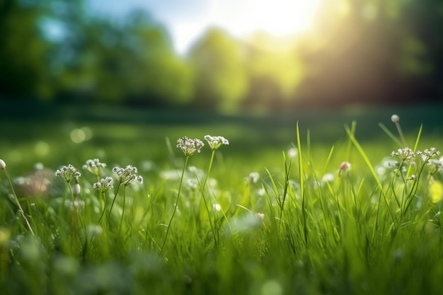 Un campo de hierba con un sol brillando sobre él.