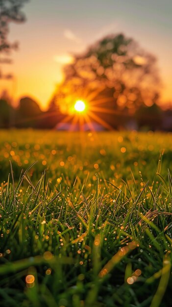 Foto un campo de hierba con un sol brillando sobre él el sol se está poniendo en el fondo la hierba es verde y el cielo es azul