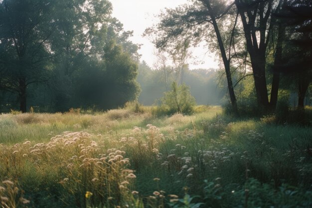 Un campo de hierba con el sol brillando a través de los árboles.