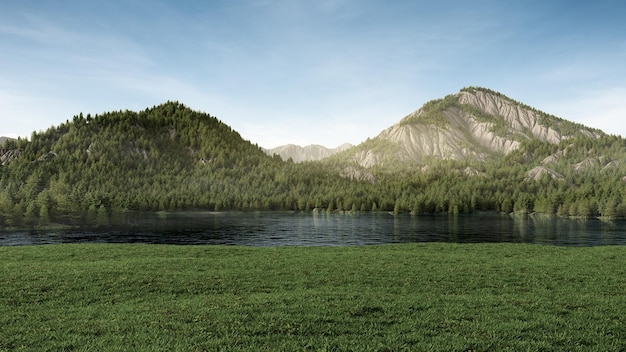 Campo de hierba vacío con vistas al lago de montaña y cielo azul Fondo de renderizado 3D para mostrar el producto