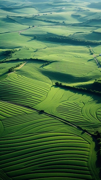 un campo de hierba verde con algunos árboles en el medio.