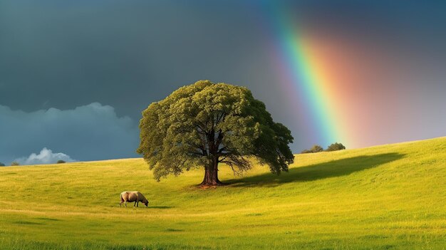 El campo de hierba verde y el árbol solitario increíbles ovejas arco iris