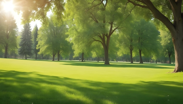 Un campo de hierba verde con árboles en el fondo en un parque soleado