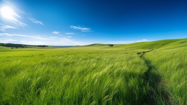 Un campo de hierba verde con un cielo azul de fondo