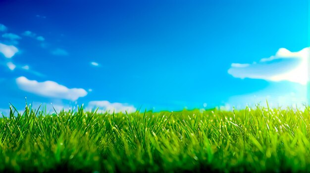 Foto campo de hierba verde con cielo azul en el fondo