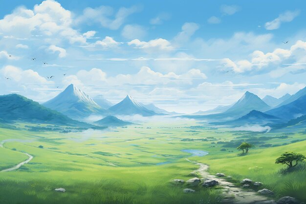 campo de hierba verde con cielo azul y nubes de ancho ángulo