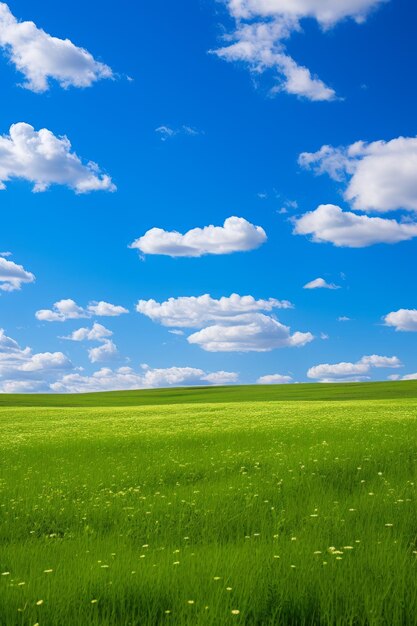 Un campo de hierba verde bajo un cielo azul con nubes blancas