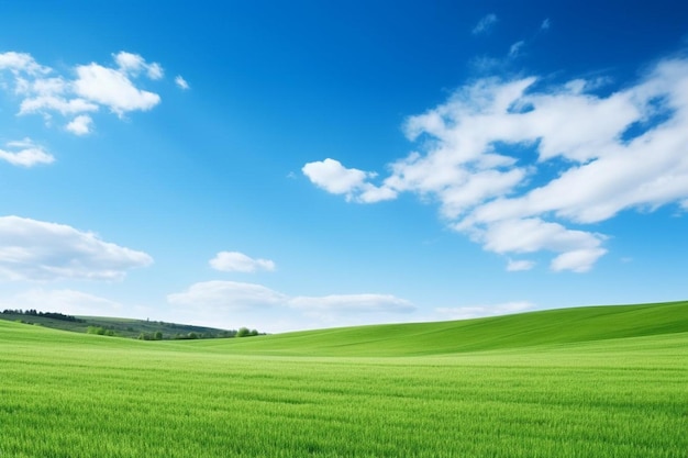 Campo de hierba verde y cielo azul con nubes blancas.