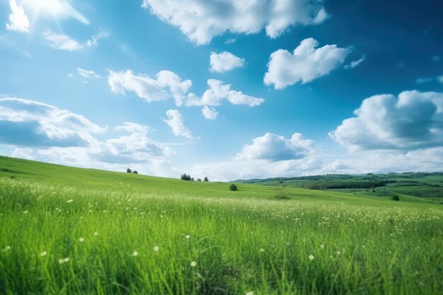 Campo de hierba verde con cielo azul y nubes