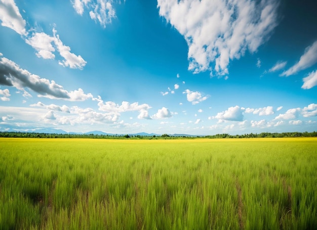 Un campo de hierba verde con un cielo azul y nubes