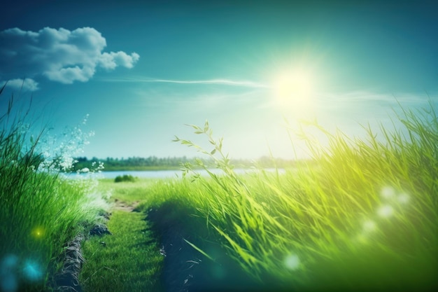 Campo de hierba verde con cielo azul y sol en la mañana Fondo natural IA generativa